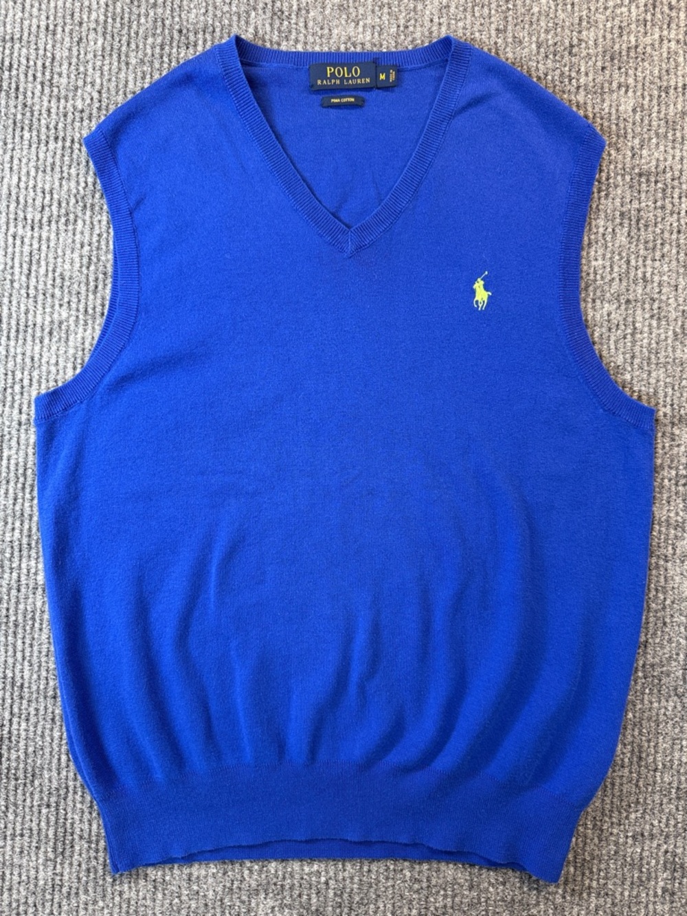 Polo by Ralph Lauren Men’s Blue V-Neck Pima Cotton Sweater Vest Lime Pony Medium